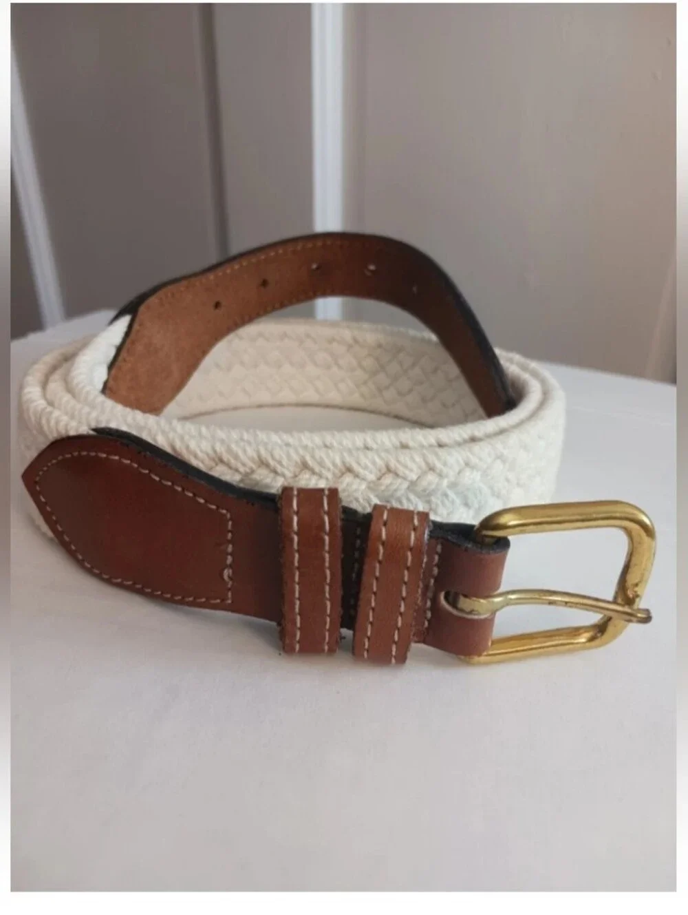 Vtg Dockers Woven Canvas White Belt , Brass Buckle Sz 38 #2321 Made In USA